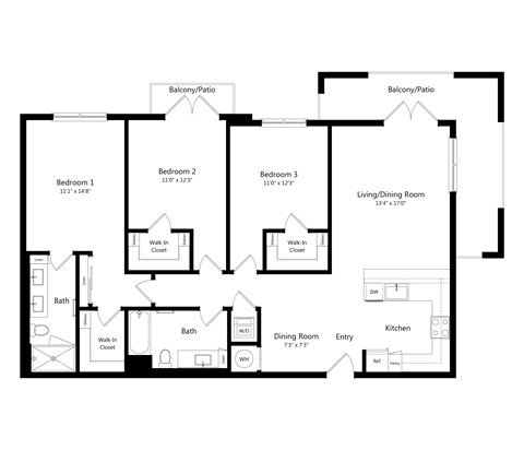Floor plan for 3 beds, 2 baths, 1399 sqft